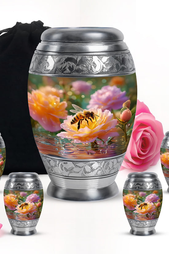 Champagne Gold Bee Cremation Urn detail view - regal bee design with crown-inspired accents - memorial set with one large and four small urns