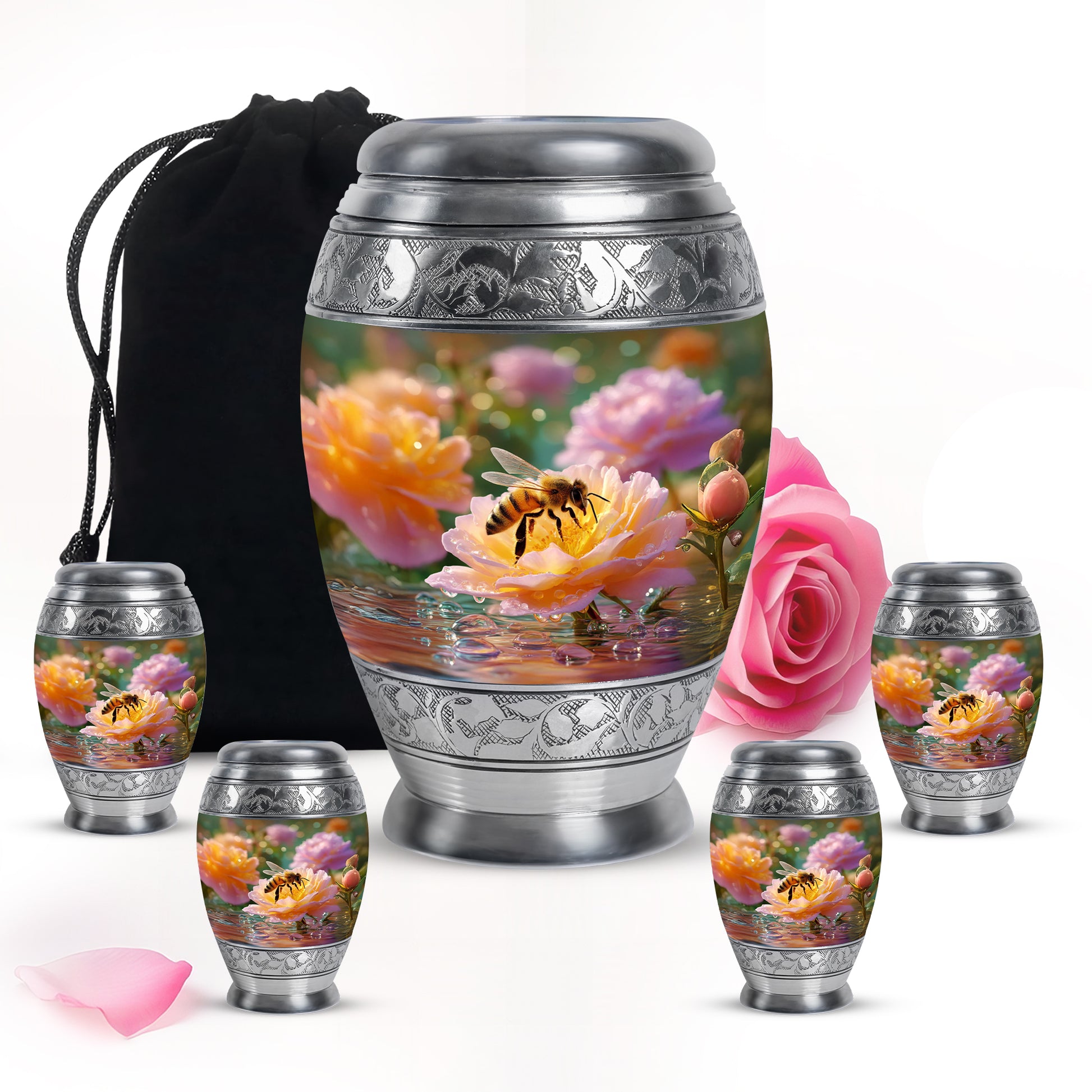 Champagne Gold Bee Cremation Urn detail view - regal bee design with crown-inspired accents - memorial set with one large and four small urns