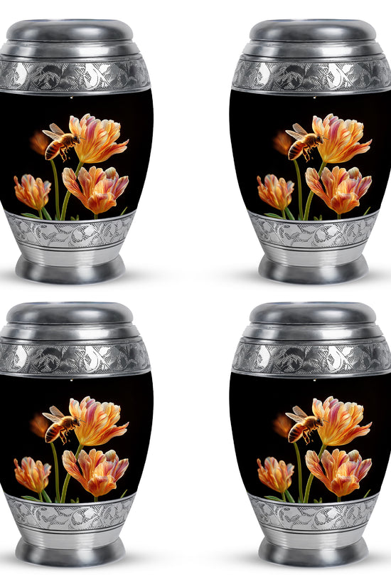 Rich Black Bee Cremation Urn urn with complimentary velvet bag - ornate monarch-style bee relief on brushed aluminum - 10 inch aluminum urn for cremated remains