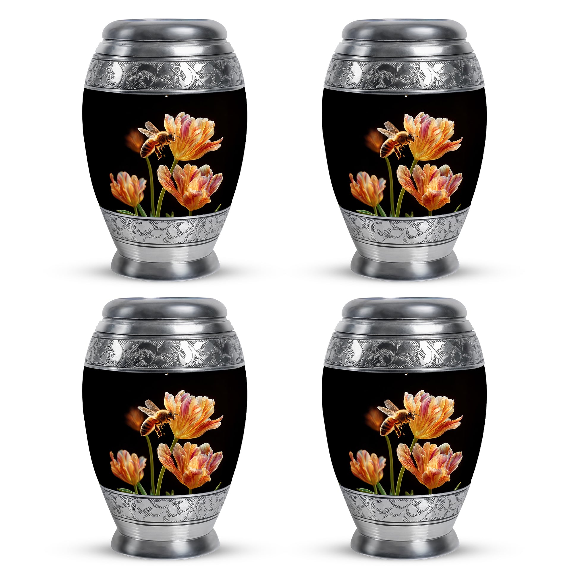 Rich Black Bee Cremation Urn urn with complimentary velvet bag - ornate monarch-style bee relief on brushed aluminum - 10 inch aluminum urn for cremated remains