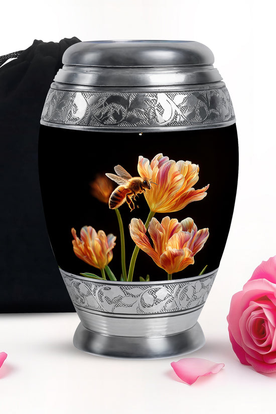 Deep Black Bee Cremation Urn back view with polished surface - ornate monarch-style bee relief on brushed aluminum - full-size 10 inch 200 cubic inch adult cremation urn