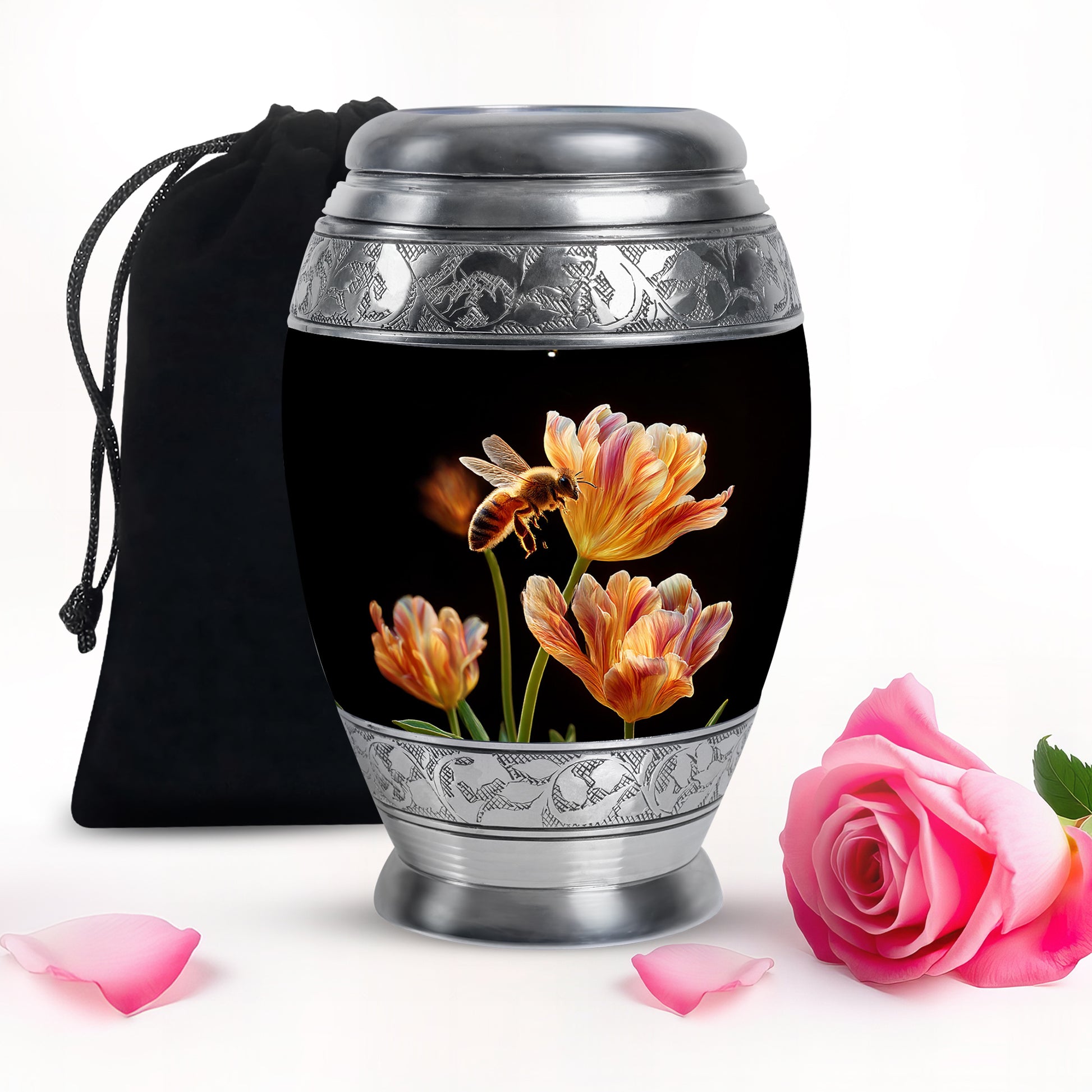 Deep Black Bee Cremation Urn back view with polished surface - ornate monarch-style bee relief on brushed aluminum - full-size 10 inch 200 cubic inch adult cremation urn