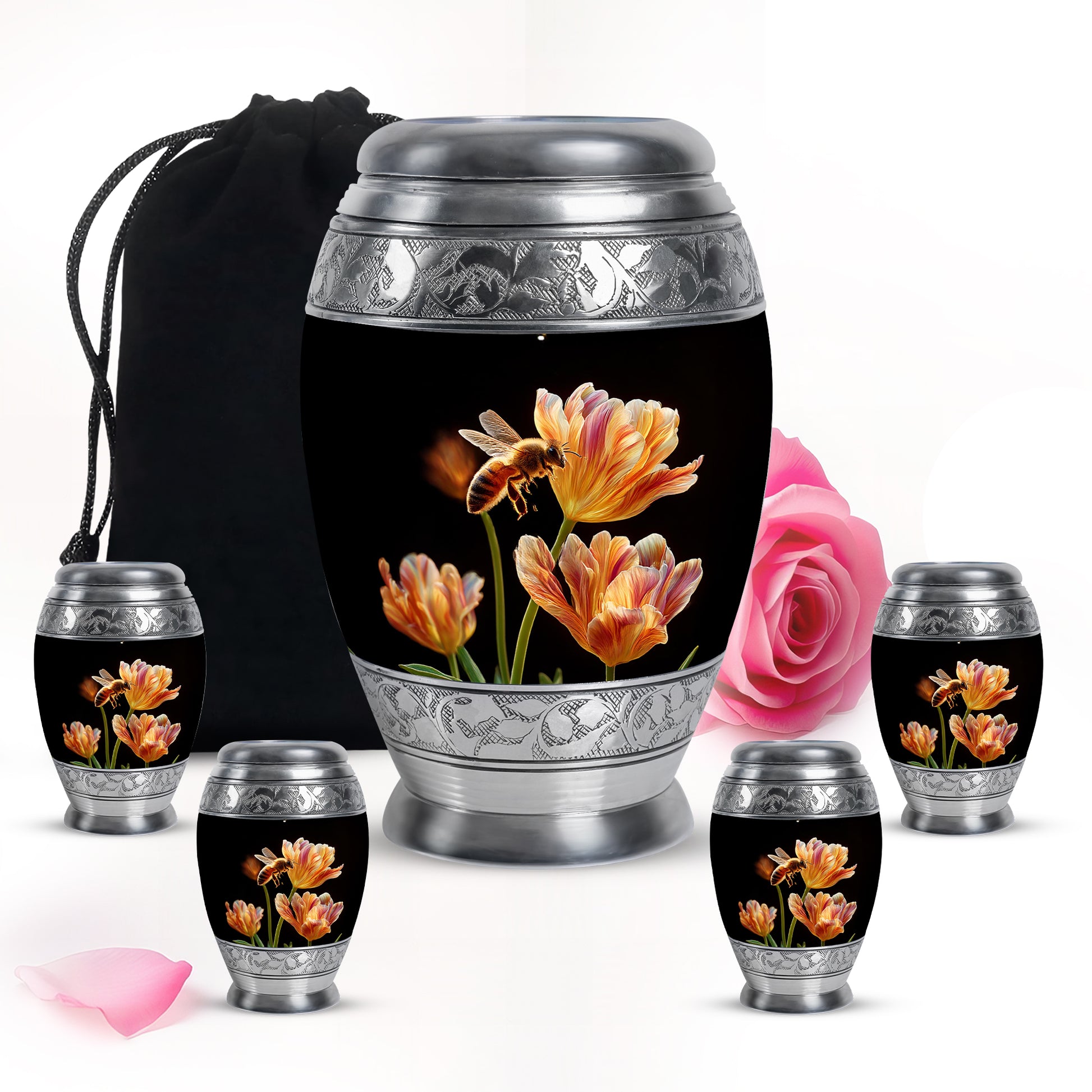 Onyx Black Bee Cremation Urn detail view - royal bee engraving with decorative scrollwork - memorial set with one large and four small urns
