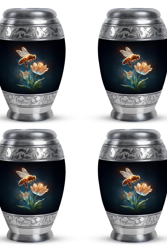 Onyx Black Bee Cremation Urn urn with complimentary velvet bag - royal bee engraving with decorative scrollwork - 10 inch aluminum urn for cremated remains