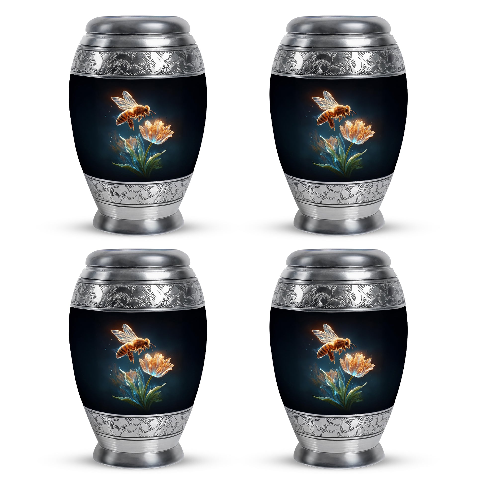 Onyx Black Bee Cremation Urn urn with complimentary velvet bag - royal bee engraving with decorative scrollwork - 10 inch aluminum urn for cremated remains