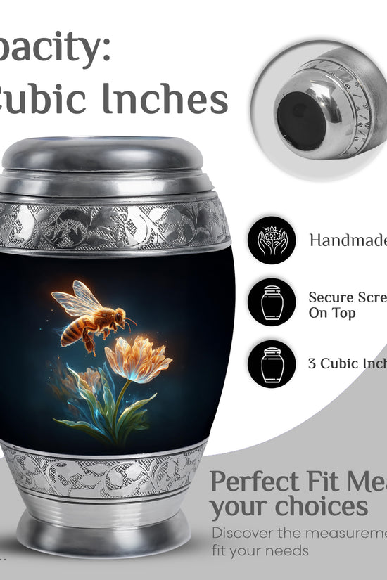 Charcoal Black Bee Cremation Urn lifestyle display on memorial shelf - royal bee engraving with decorative scrollwork - mini keepsake memorial for portion of cremation ashes