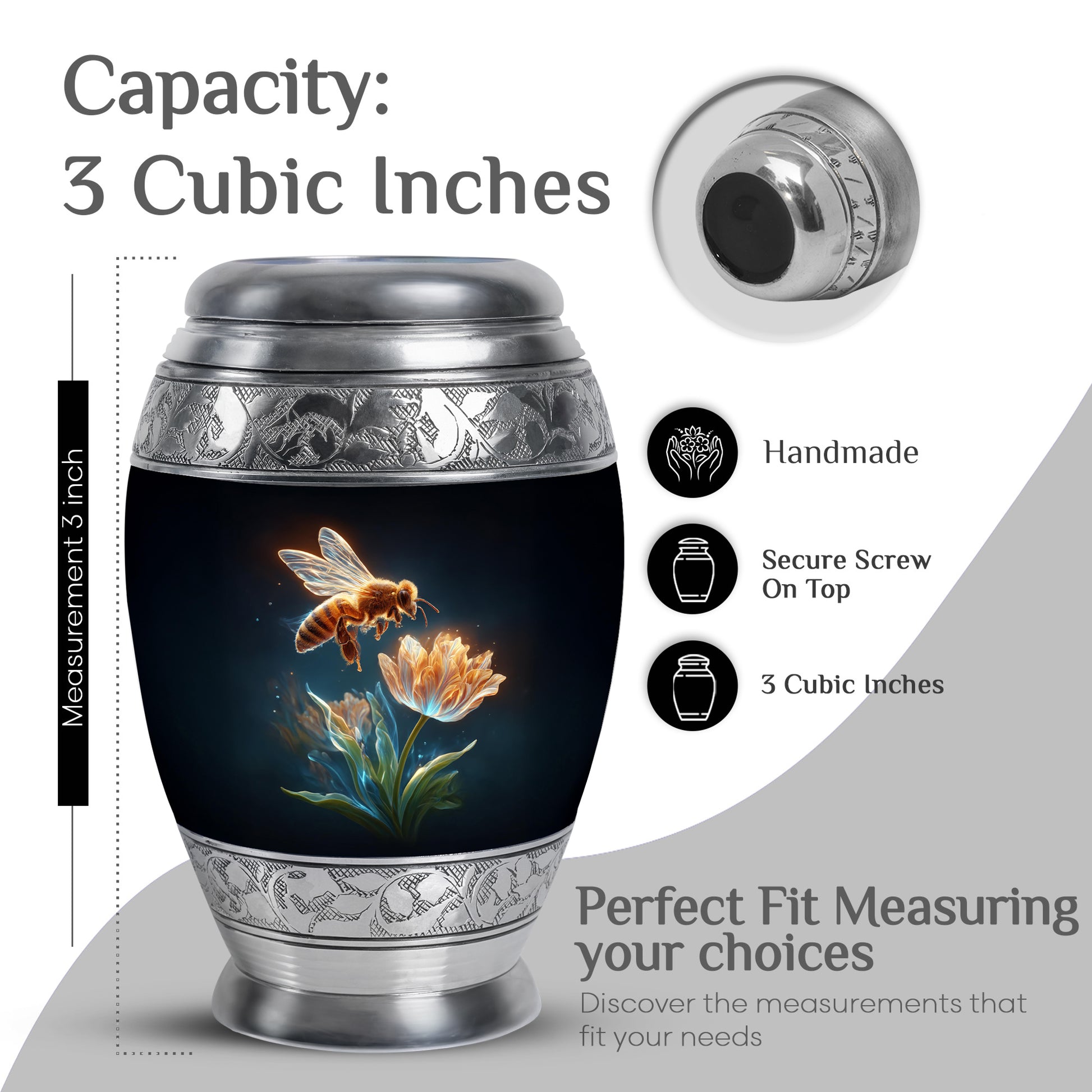 Charcoal Black Bee Cremation Urn lifestyle display on memorial shelf - royal bee engraving with decorative scrollwork - mini keepsake memorial for portion of cremation ashes