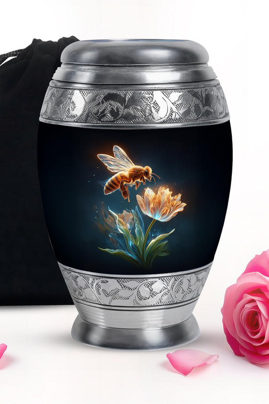 Jet Black Bee Cremation Urn back view with polished surface - ornate monarch-style bee relief on brushed aluminum - full-size 10 inch 200 cubic inch adult cremation urn