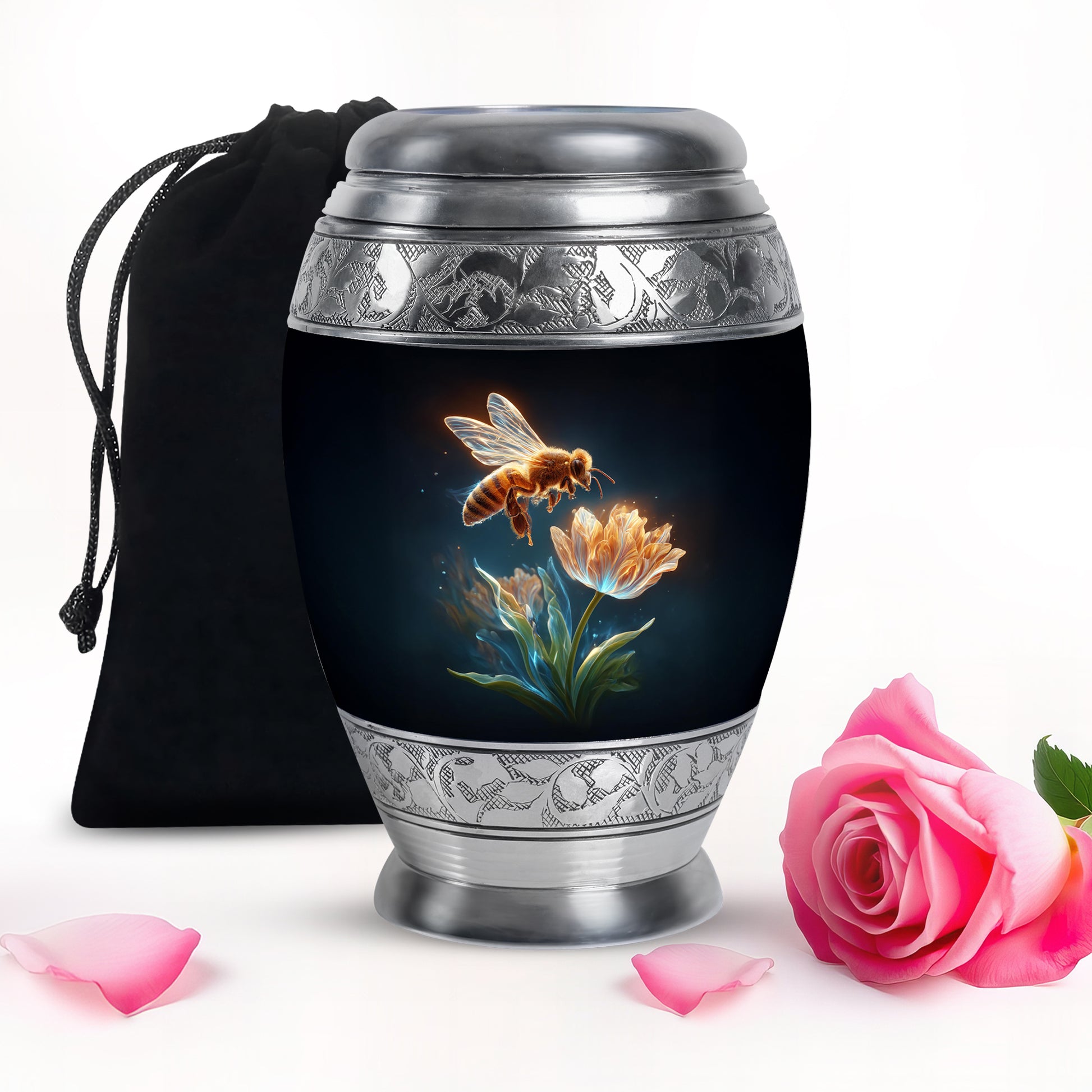 Jet Black Bee Cremation Urn back view with polished surface - ornate monarch-style bee relief on brushed aluminum - full-size 10 inch 200 cubic inch adult cremation urn