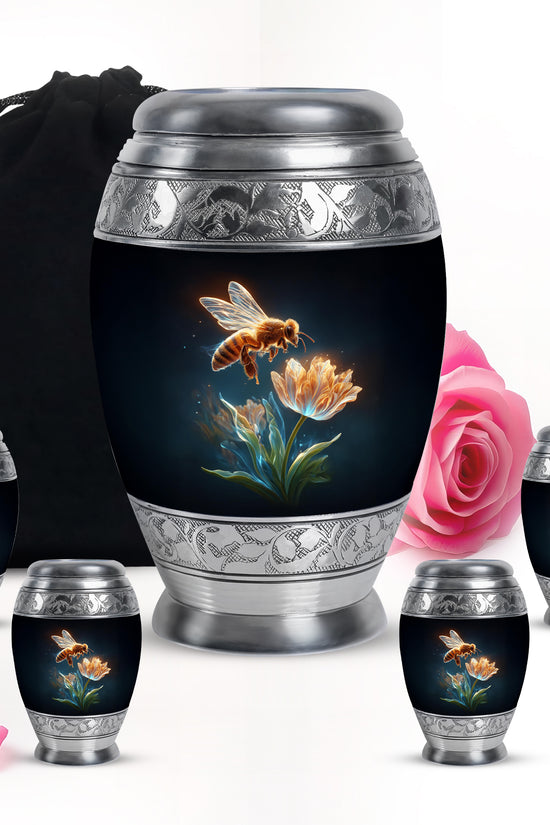 Jet Black Bee Cremation Urn detail view - regal bee design with crown-inspired accents - memorial set with one large and four small urns