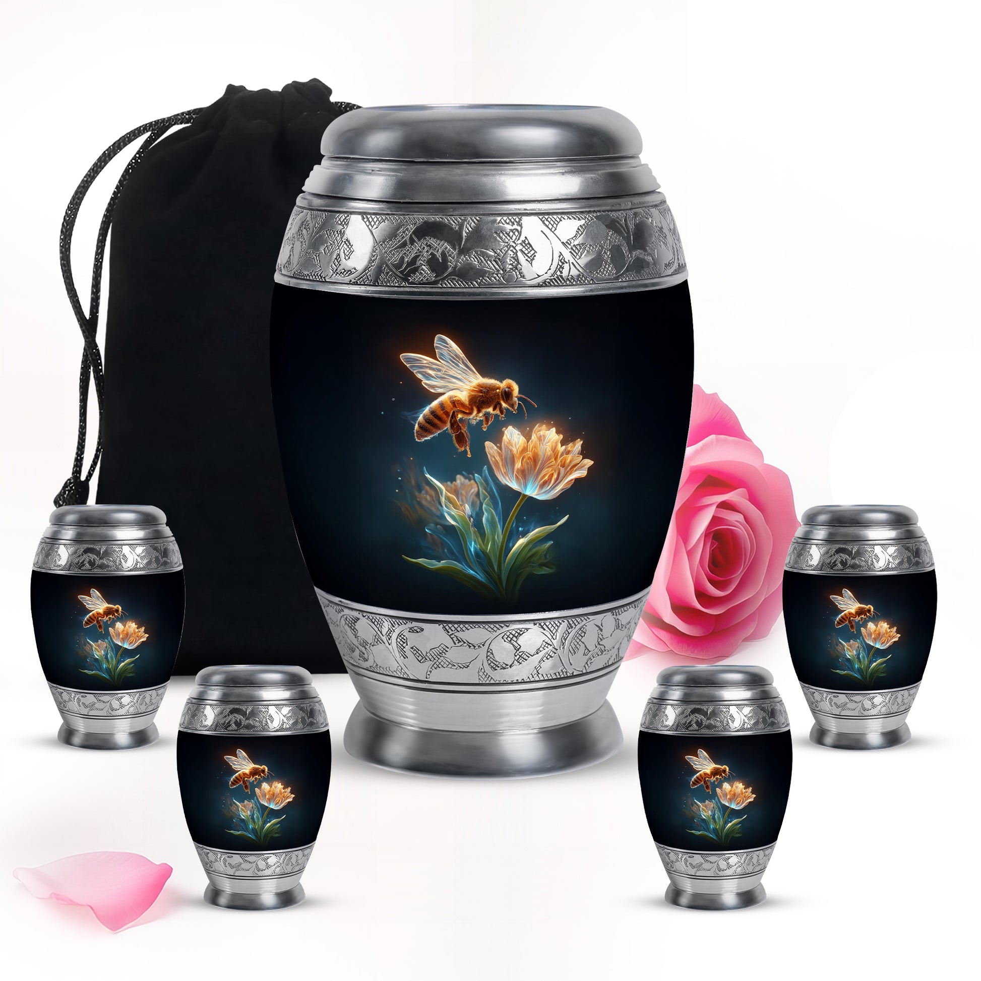Jet Black Bee Cremation Urn detail view - regal bee design with crown-inspired accents - memorial set with one large and four small urns