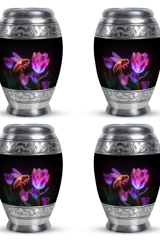 Jet Black Bee Cremation Urn urn with complimentary velvet bag - ornate monarch-style bee relief on brushed aluminum - 10 inch aluminum urn for cremated remains