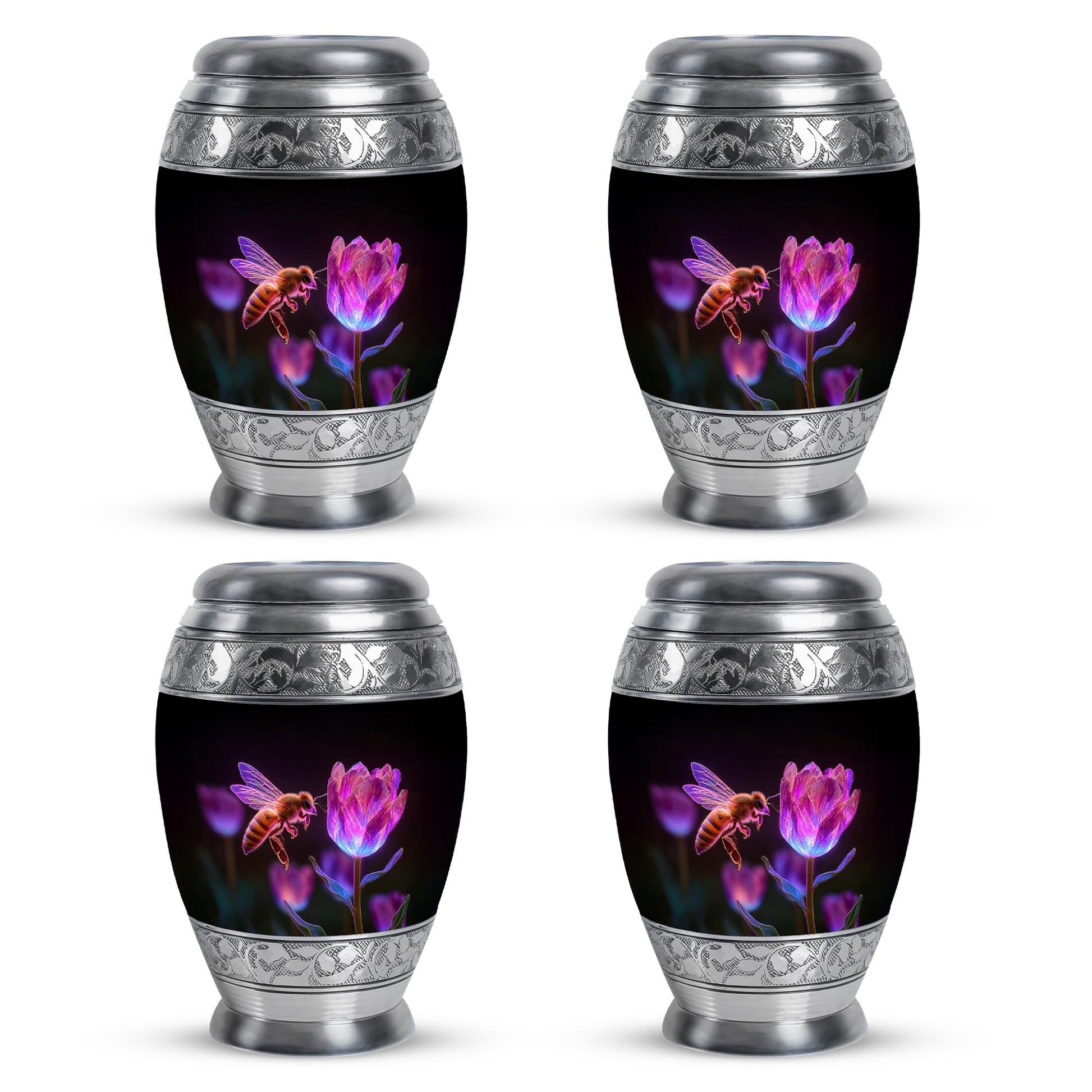 Jet Black Bee Cremation Urn urn with complimentary velvet bag - ornate monarch-style bee relief on brushed aluminum - 10 inch aluminum urn for cremated remains