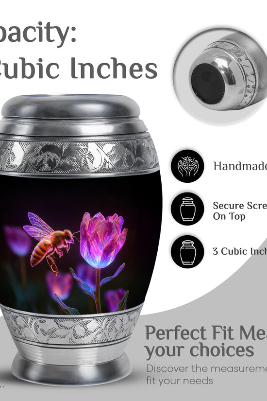 Dark Black Bee Cremation Urn lifestyle display on memorial shelf - royal bee engraving with decorative scrollwork - mini keepsake memorial for portion of cremation ashes