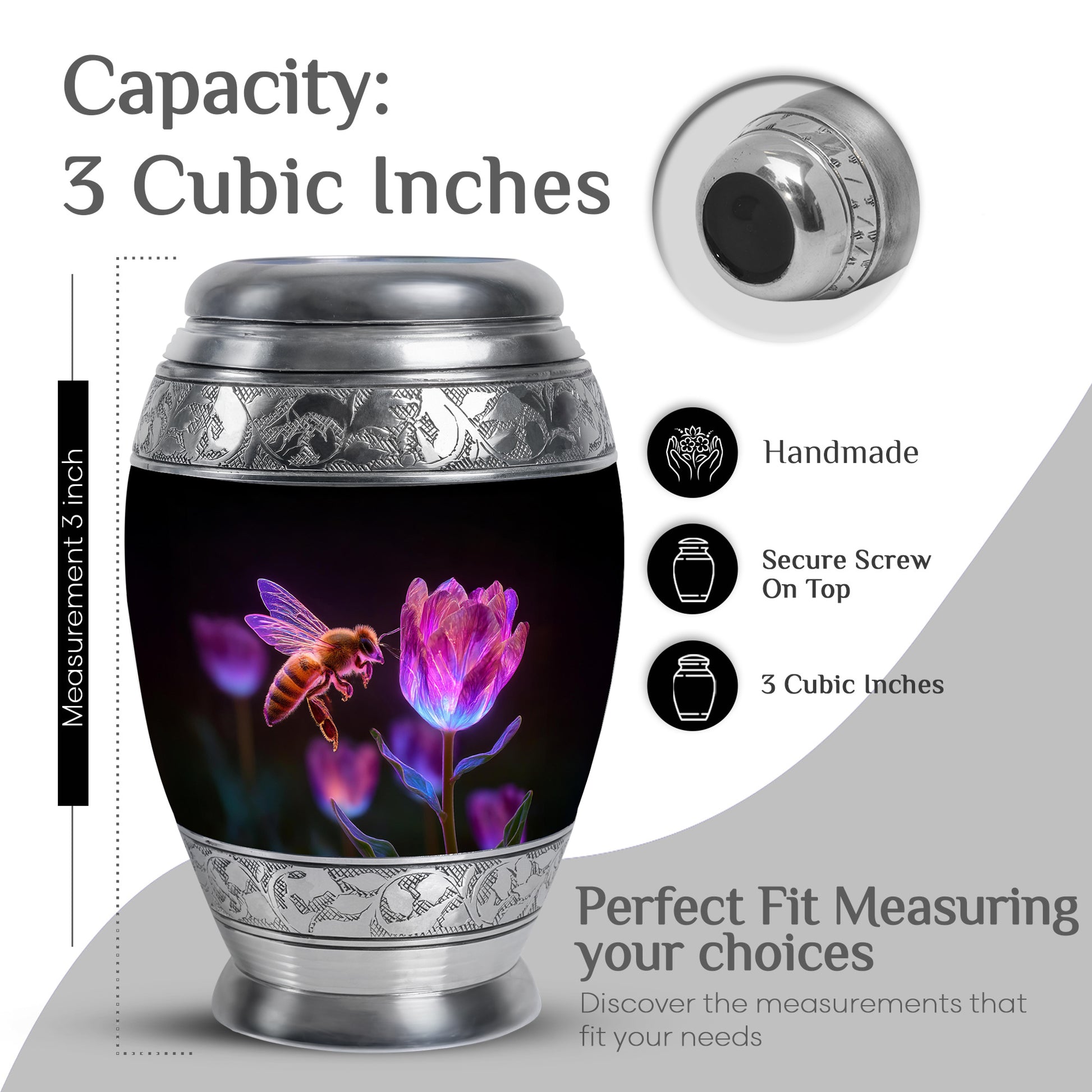 Dark Black Bee Cremation Urn lifestyle display on memorial shelf - royal bee engraving with decorative scrollwork - mini keepsake memorial for portion of cremation ashes