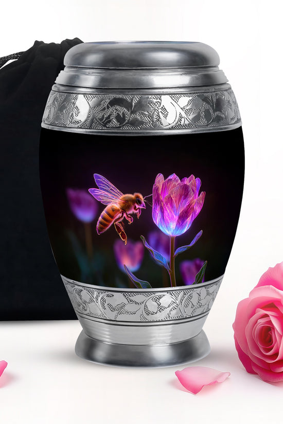 Dark Black Bee Cremation Urn back view with polished surface - royal bee engraving with decorative scrollwork - full-size 10 inch 200 cubic inch adult cremation urn