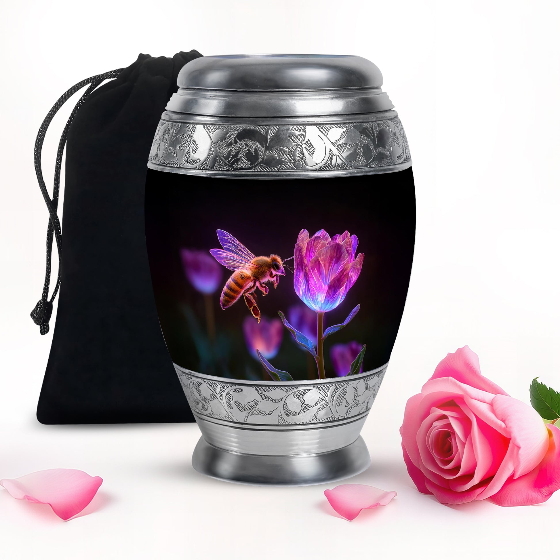 Dark Black Bee Cremation Urn back view with polished surface - royal bee engraving with decorative scrollwork - full-size 10 inch 200 cubic inch adult cremation urn