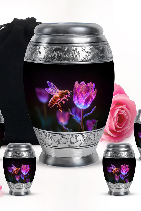 Dark Black Bee Cremation Urn detail view - royal bee engraving with decorative scrollwork - memorial set with one large and four small urns