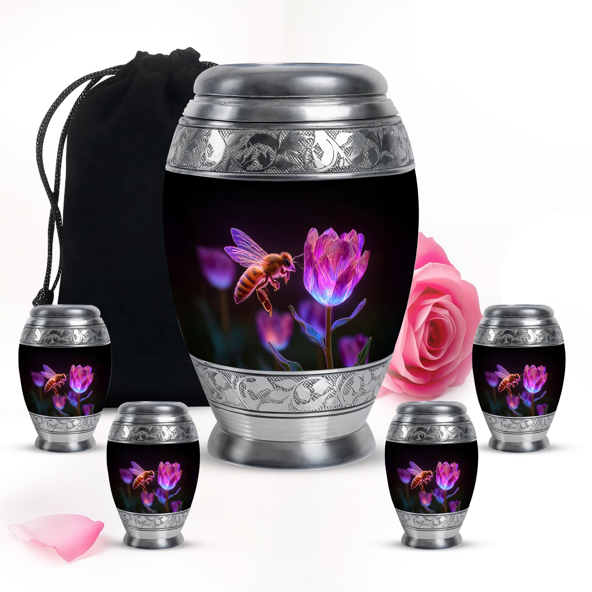 Dark Black Bee Cremation Urn detail view - royal bee engraving with decorative scrollwork - memorial set with one large and four small urns
