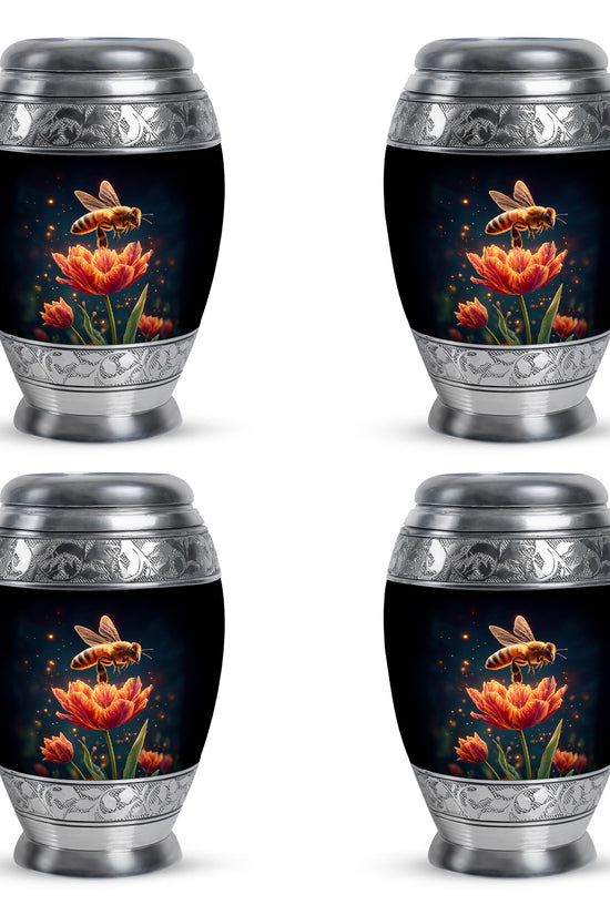 Ebony Bee Cremation Urn urn with complimentary velvet bag - ornate monarch-style bee relief on brushed aluminum - 10 inch aluminum urn for cremated remains