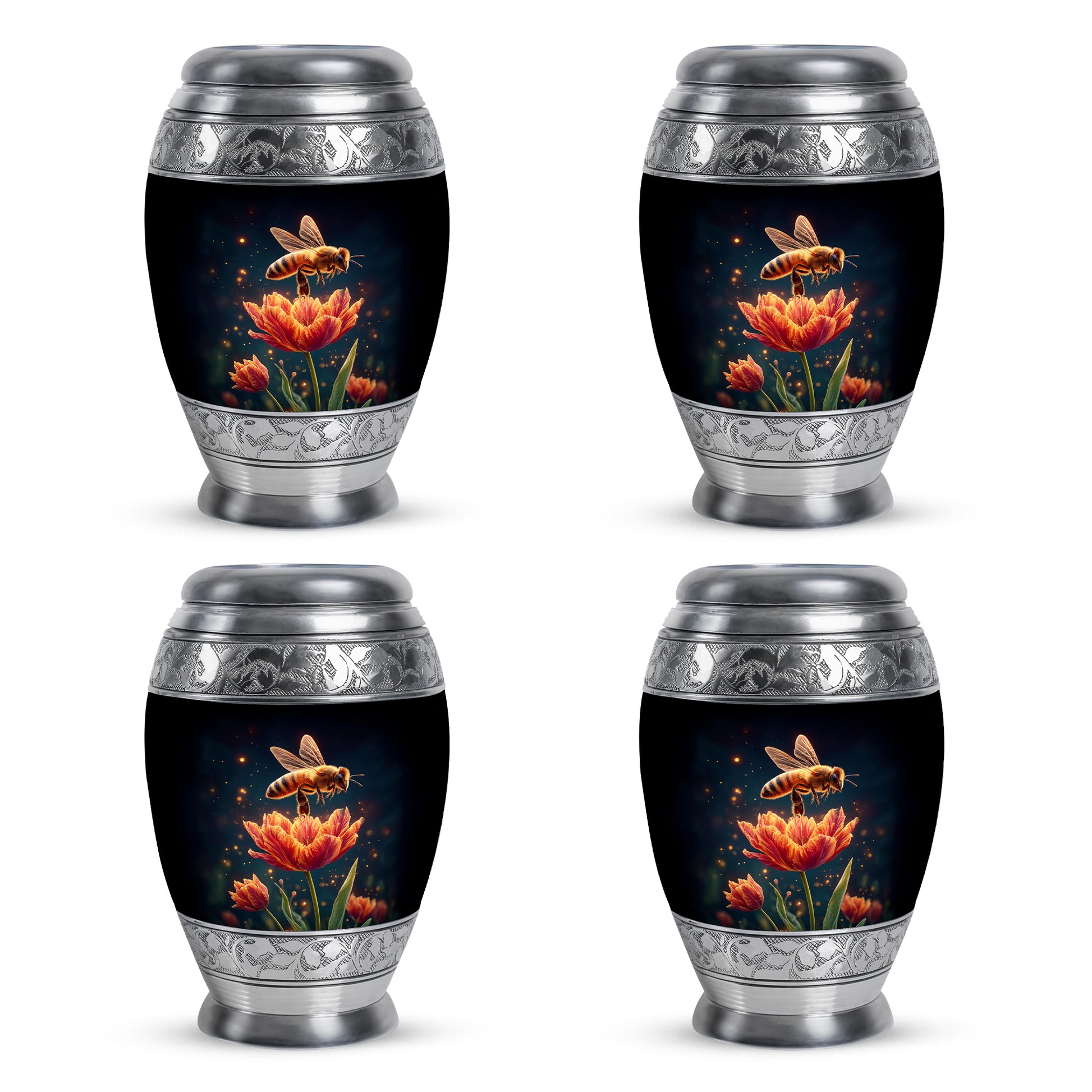 Ebony Bee Cremation Urn urn with complimentary velvet bag - ornate monarch-style bee relief on brushed aluminum - 10 inch aluminum urn for cremated remains