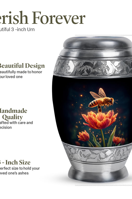 Obsidian Black Bee Cremation Urn lifestyle display on memorial shelf - majestic bee pattern with filigree border - mini keepsake memorial for portion of cremation ashes