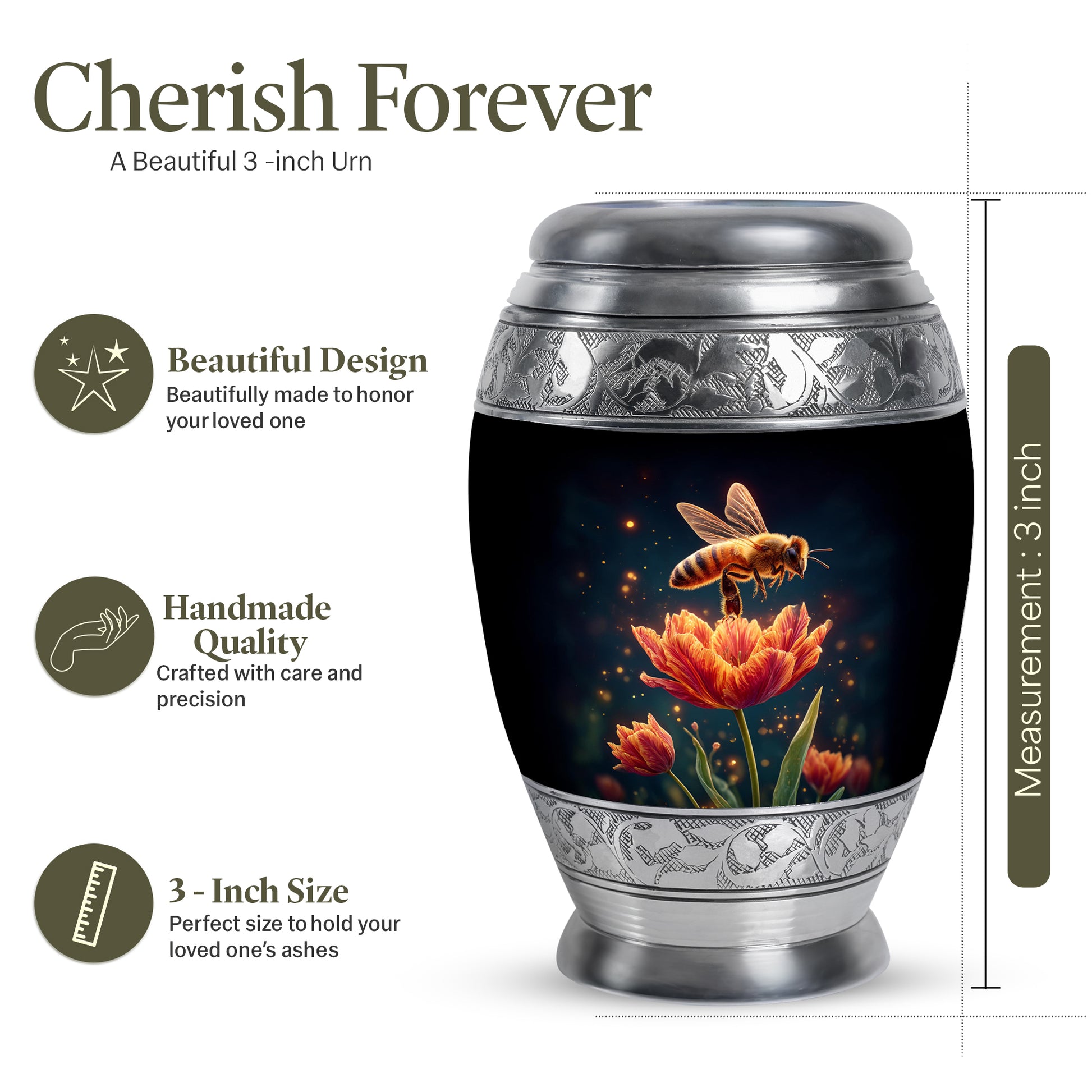 Obsidian Black Bee Cremation Urn lifestyle display on memorial shelf - majestic bee pattern with filigree border - mini keepsake memorial for portion of cremation ashes