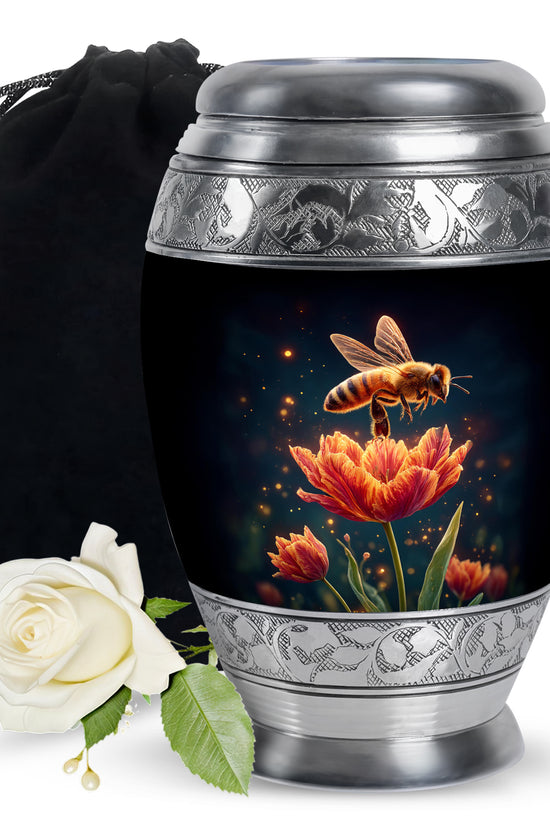 Dark Black Bee Cremation Urn back view with polished surface - royal bee engraving with decorative scrollwork - full-size 10 inch 200 cubic inch adult cremation urn