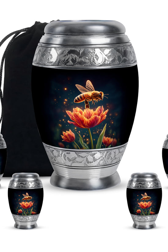 Ebony Bee Cremation Urn detail view - ornate monarch-style bee relief on brushed aluminum - memorial set with one large and four small urns