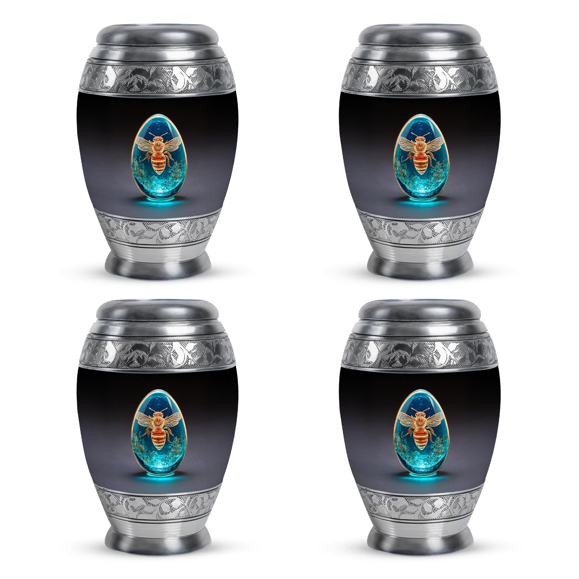 Onyx Black Bee Cremation Urn urn with complimentary velvet bag - royal bee engraving with decorative scrollwork - 10 inch aluminum urn for cremated remains