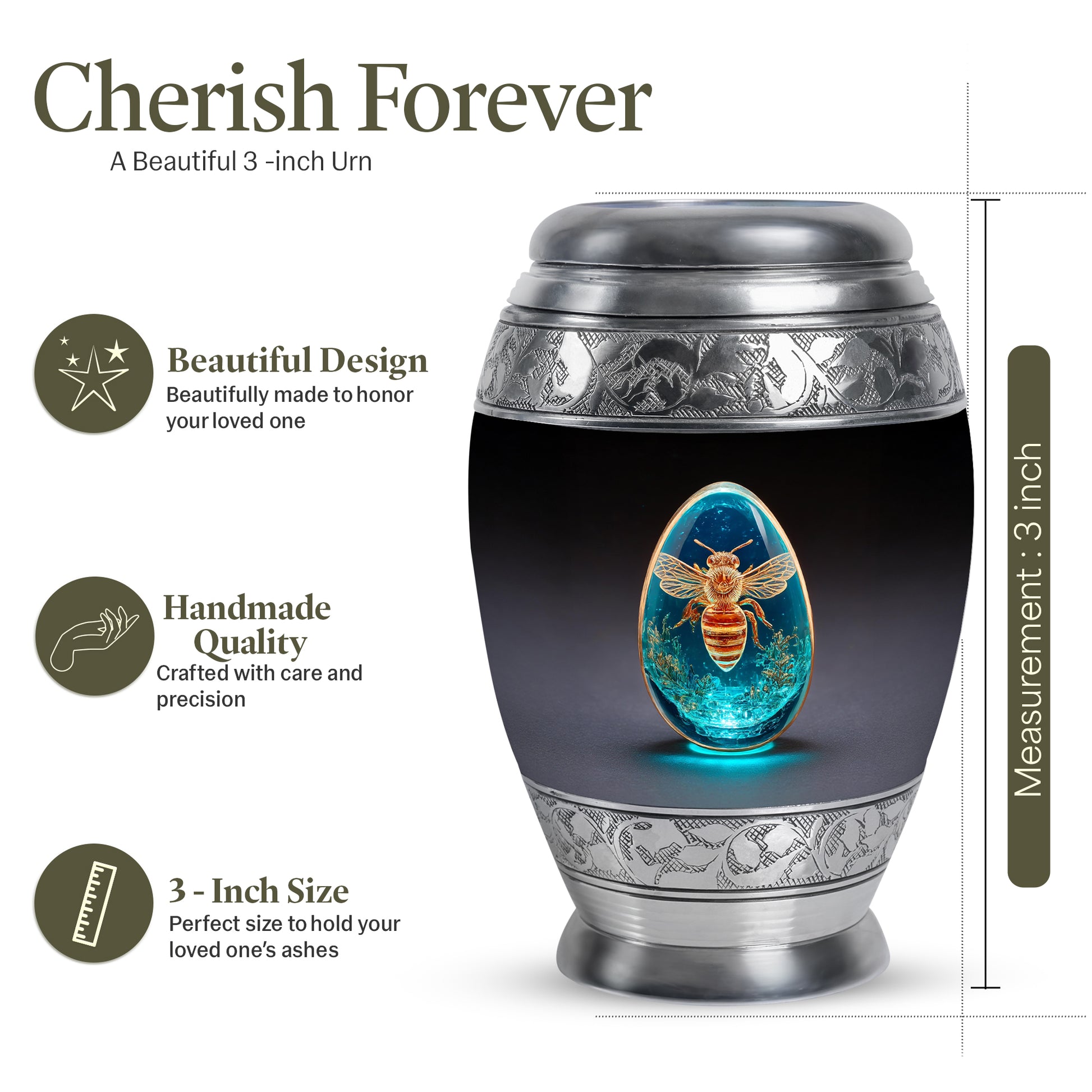 Rich Black Bee Cremation Urn lifestyle display on memorial shelf - ornate monarch-style bee relief on brushed aluminum - mini keepsake memorial for portion of cremation ashes