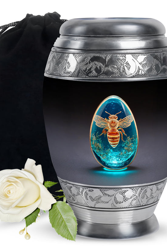 Glossy Black Bee Cremation Urn back view with polished surface - ornate monarch-style bee relief on brushed aluminum - full-size 10 inch 200 cubic inch adult cremation urn