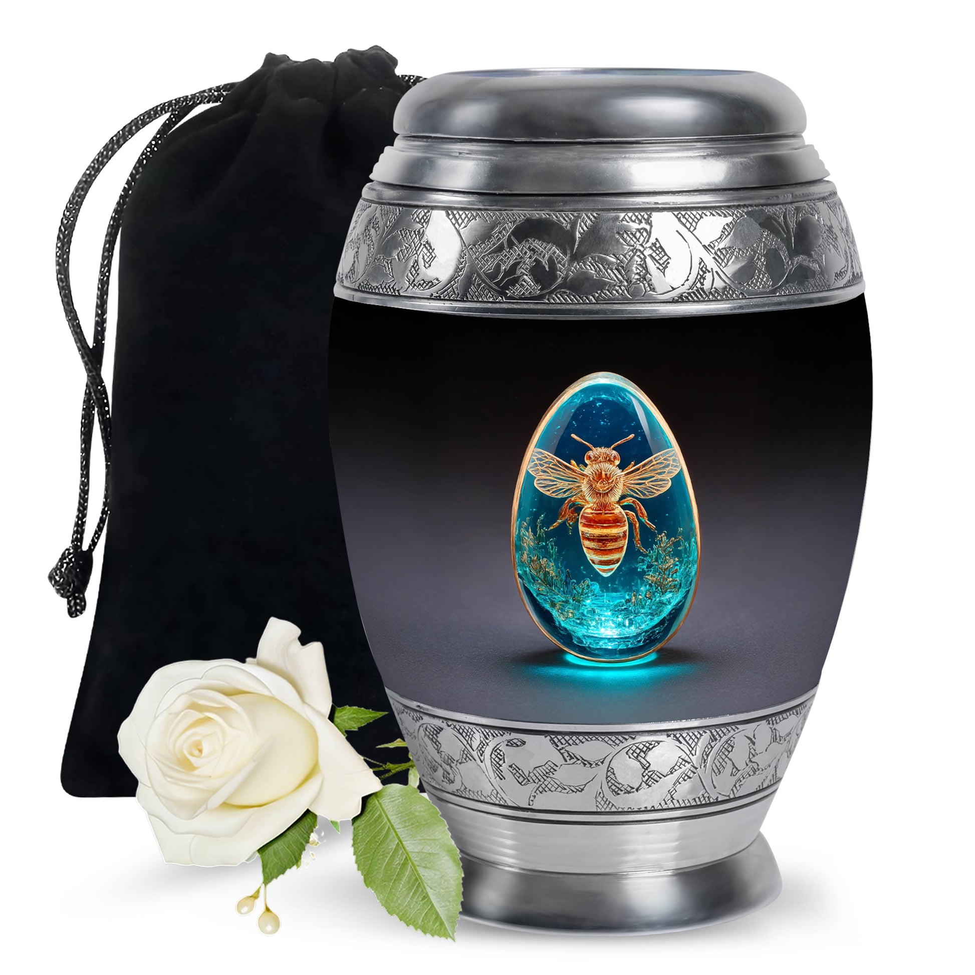 Glossy Black Bee Cremation Urn back view with polished surface - ornate monarch-style bee relief on brushed aluminum - full-size 10 inch 200 cubic inch adult cremation urn