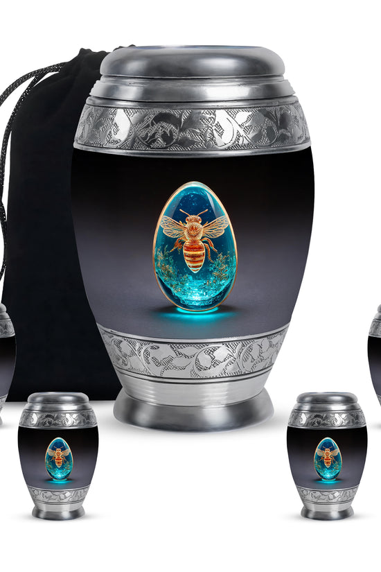 Jet Black Bee Cremation Urn detail view - regal bee design with crown-inspired accents - memorial set with one large and four small urns