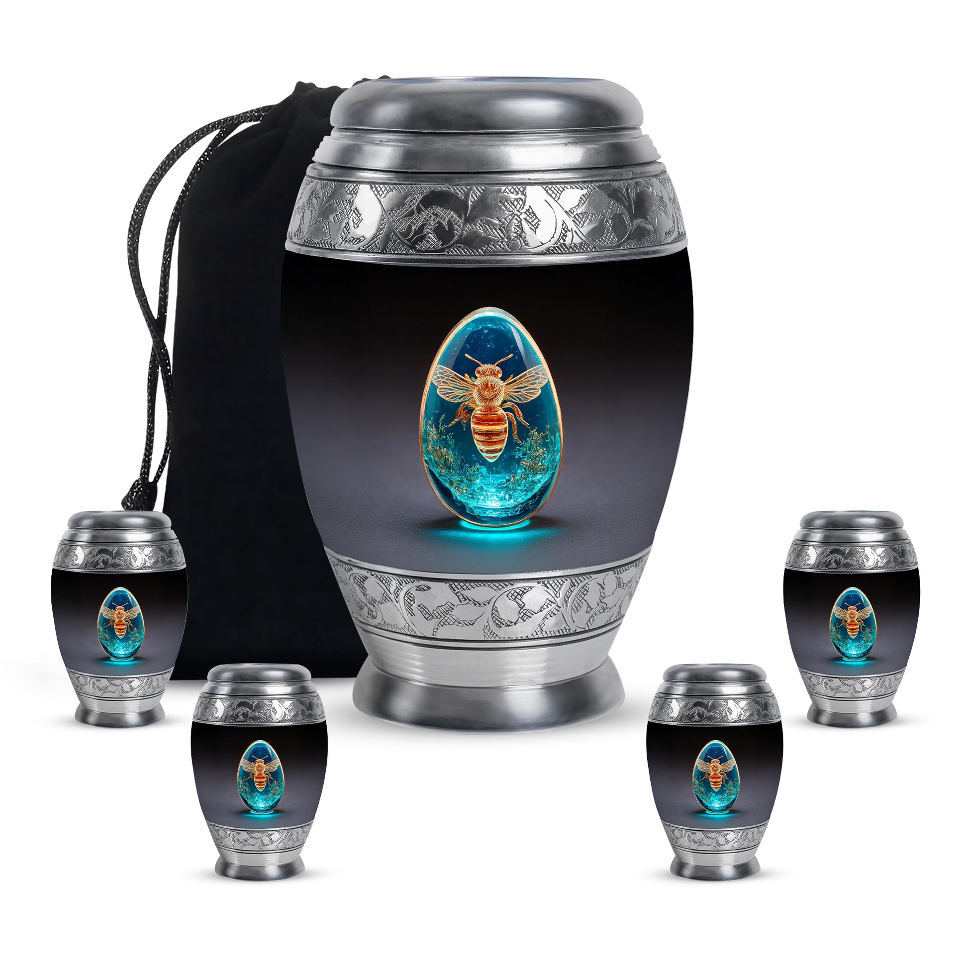 Jet Black Bee Cremation Urn detail view - regal bee design with crown-inspired accents - memorial set with one large and four small urns