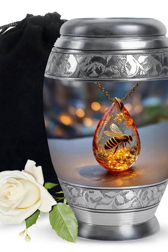 Jet Black Bee Cremation Urn back view with polished surface - regal bee design with crown-inspired accents - full-size 10 inch 200 cubic inch adult cremation urn