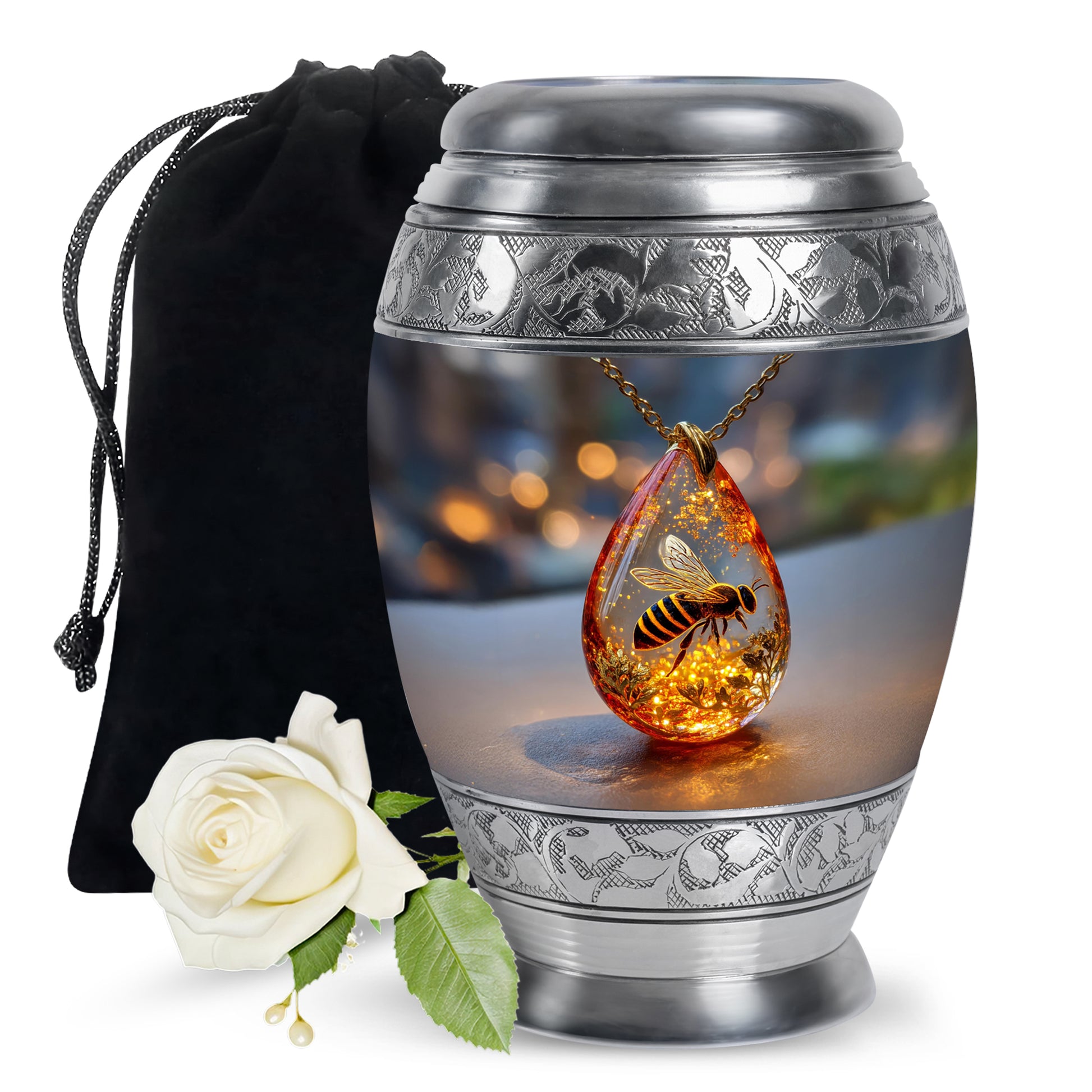 Jet Black Bee Cremation Urn back view with polished surface - regal bee design with crown-inspired accents - full-size 10 inch 200 cubic inch adult cremation urn