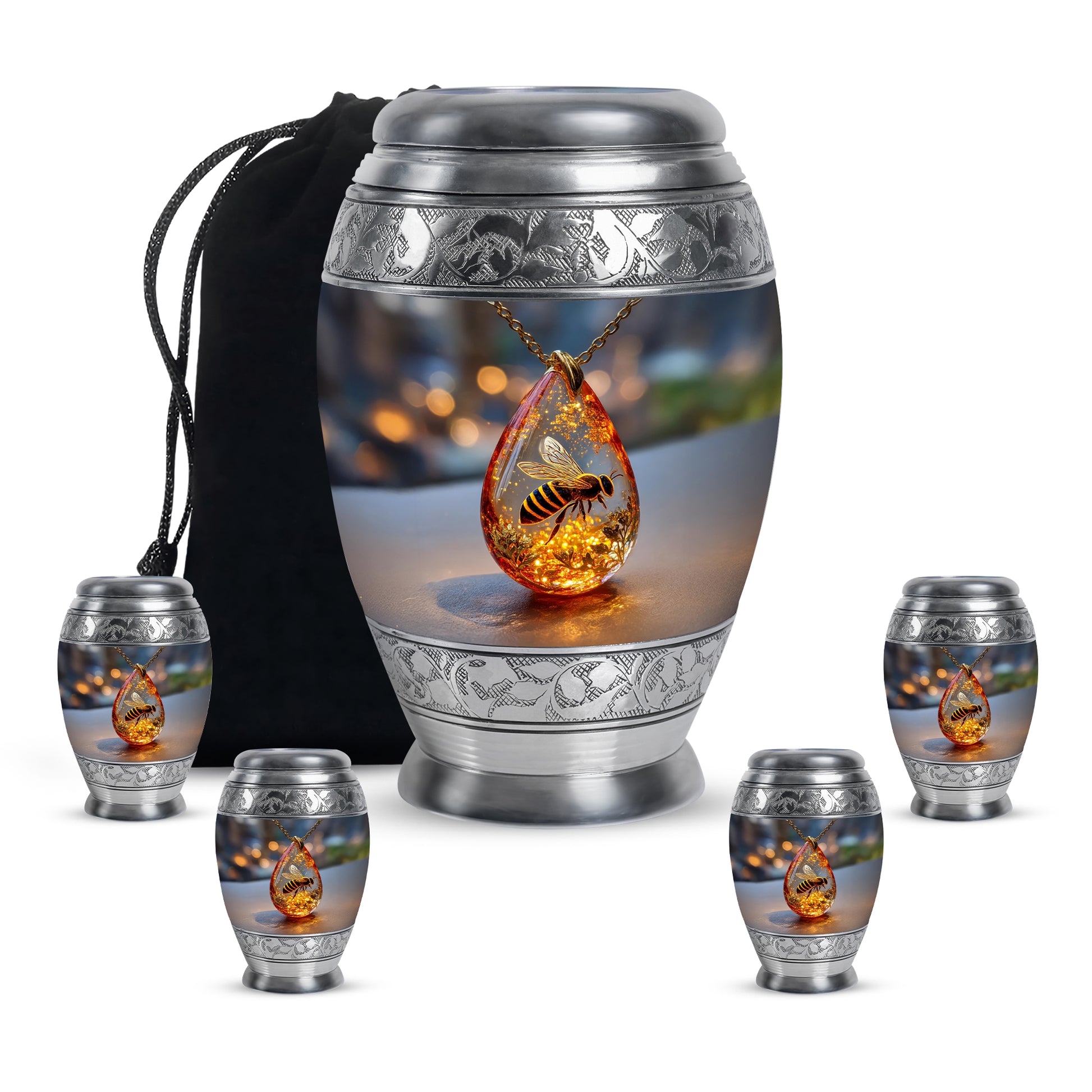 Ebony Bee Cremation Urn detail view - ornate monarch-style bee relief on brushed aluminum - memorial set with one large and four small urns
