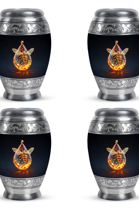 Ebony Bee Cremation Urn urn with complimentary velvet bag - ornate monarch-style bee relief on brushed aluminum - 10 inch aluminum urn for cremated remains