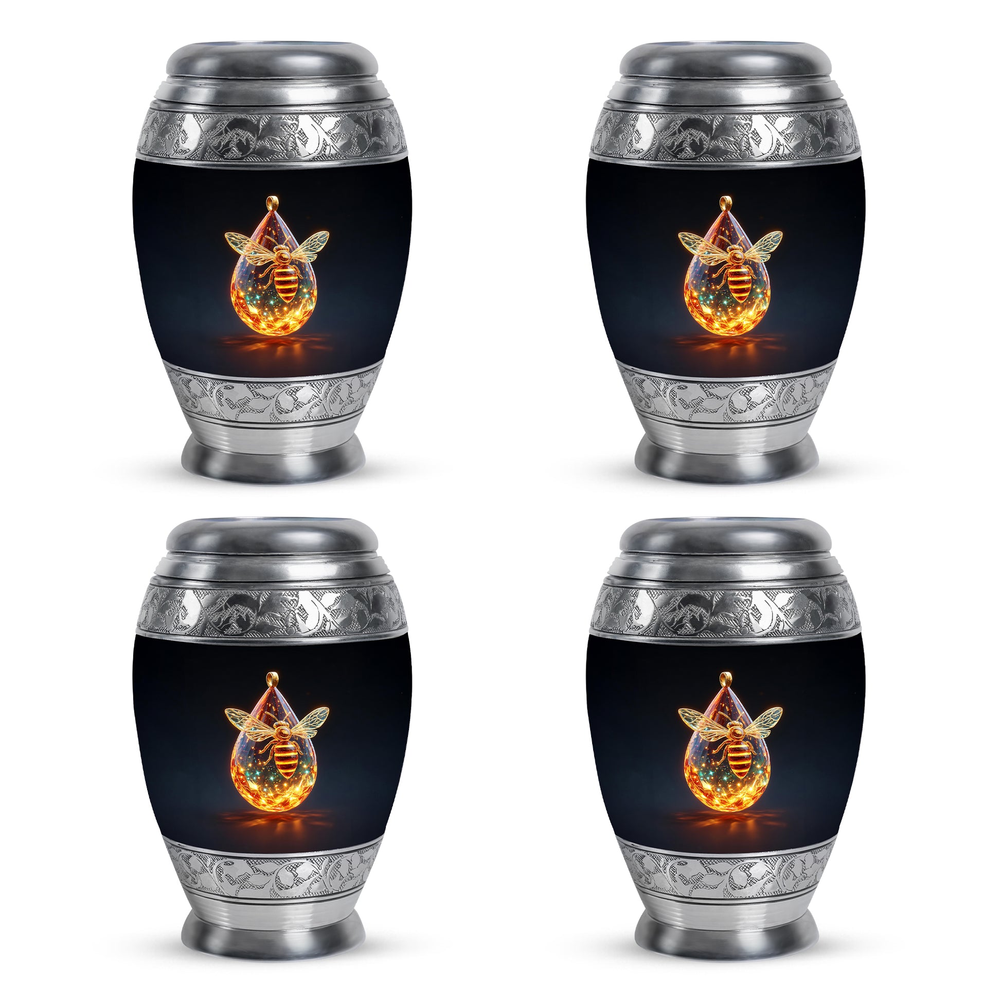 Ebony Bee Cremation Urn urn with complimentary velvet bag - ornate monarch-style bee relief on brushed aluminum - 10 inch aluminum urn for cremated remains