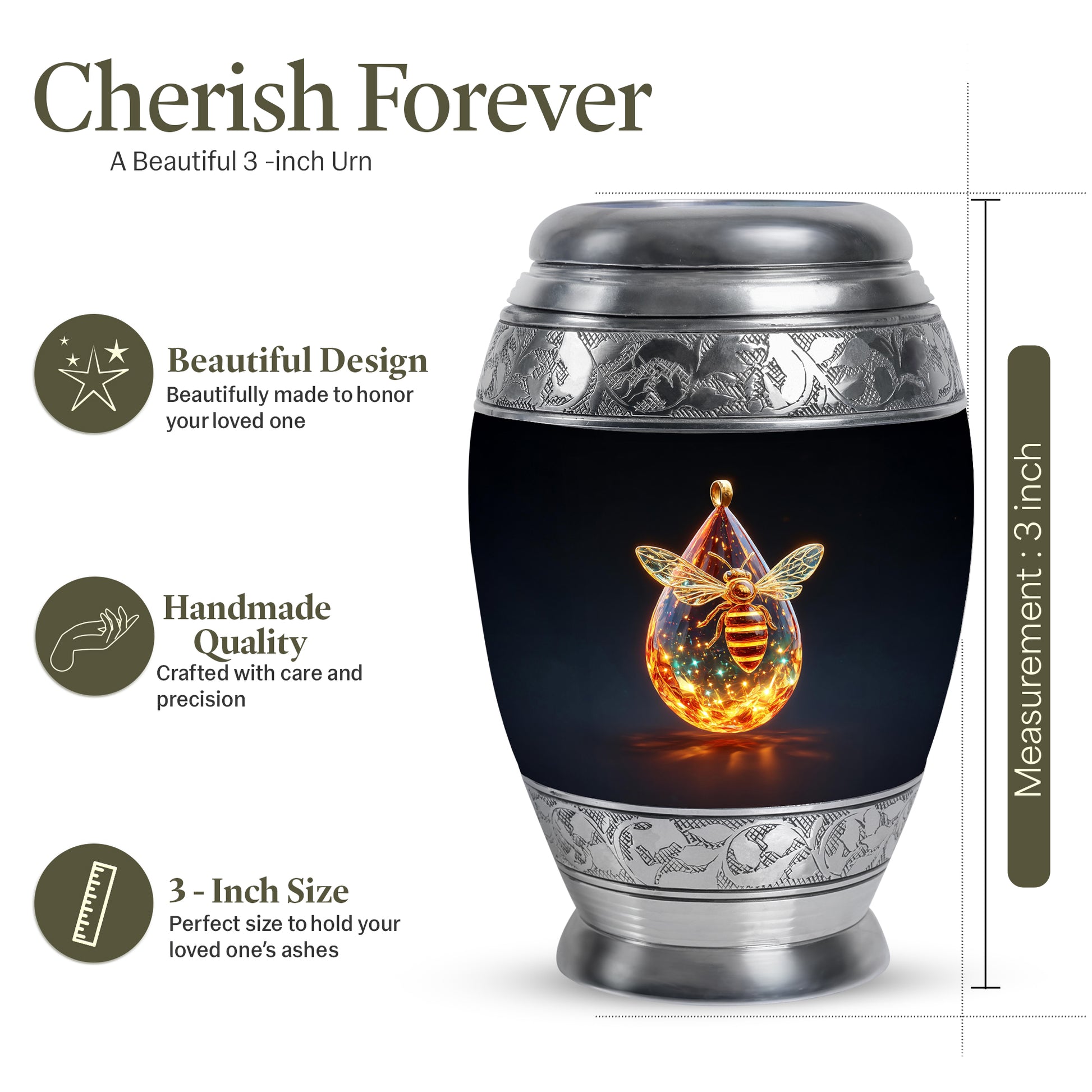 Onyx Black Bee Cremation Urn lifestyle display on memorial shelf - majestic bee pattern with filigree border - mini keepsake memorial for portion of cremation ashes
