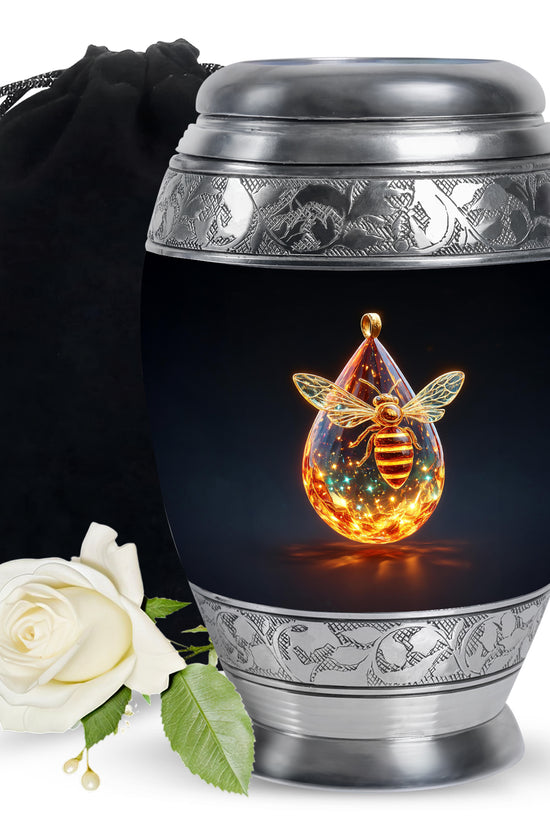 Deep Black Bee Cremation Urn back view with polished surface - ornate monarch-style bee relief on brushed aluminum - full-size 10 inch 200 cubic inch adult cremation urn