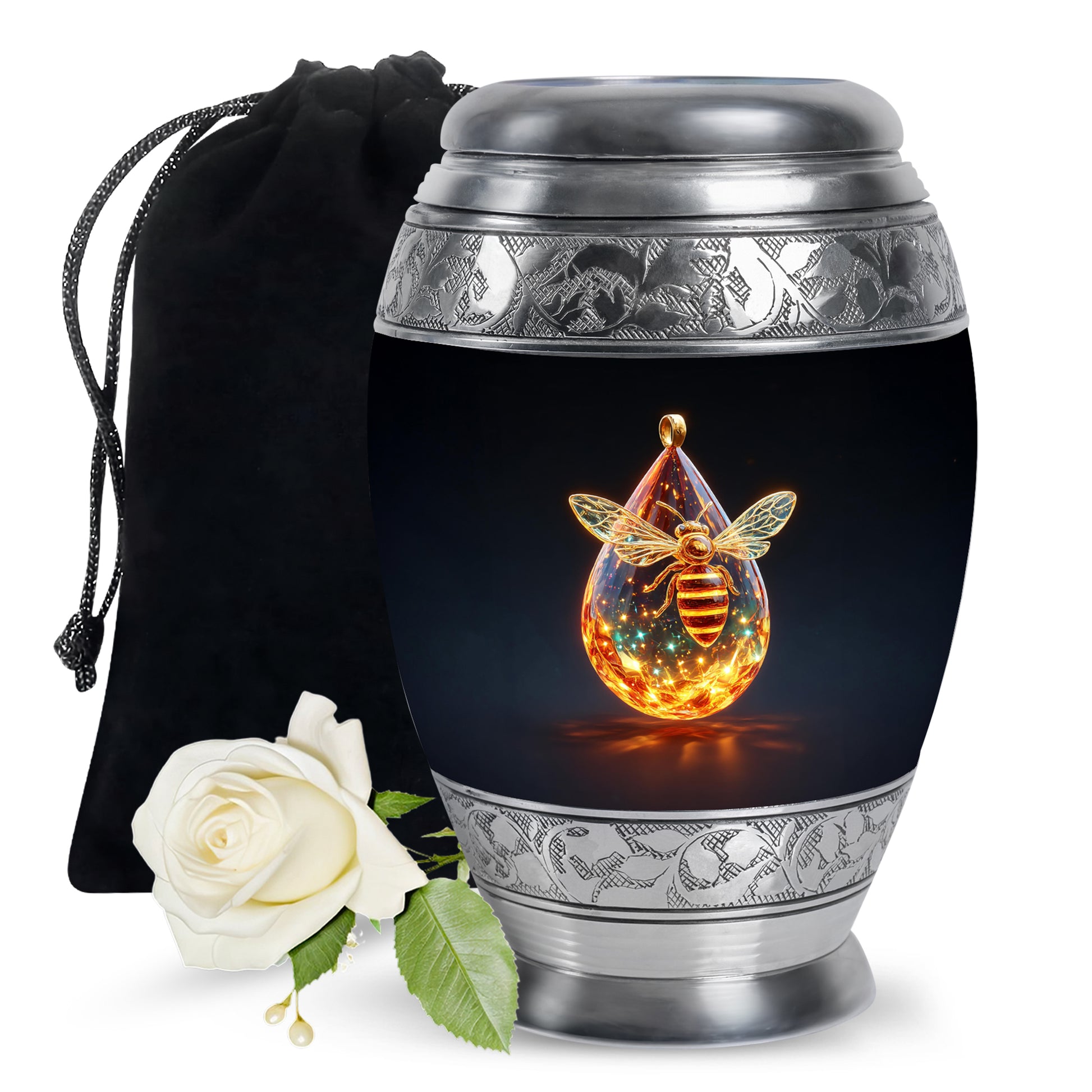 Deep Black Bee Cremation Urn back view with polished surface - ornate monarch-style bee relief on brushed aluminum - full-size 10 inch 200 cubic inch adult cremation urn