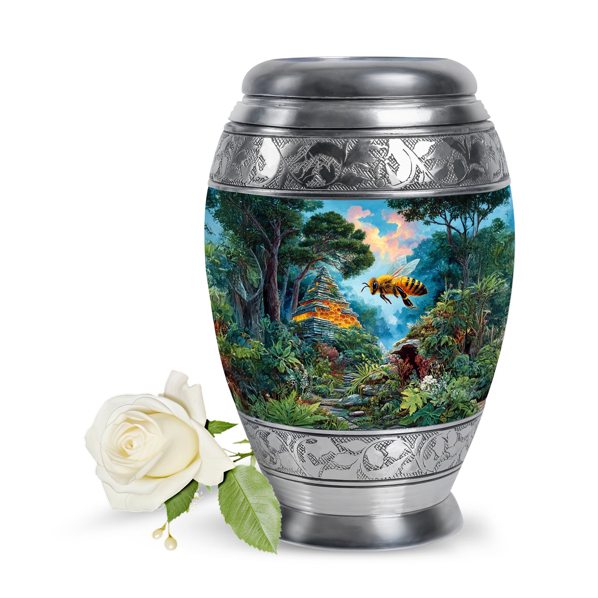Teal Breathtaking Bee Memorial Urn for Ashes - 10-inch, 200 cu in - Karyliz