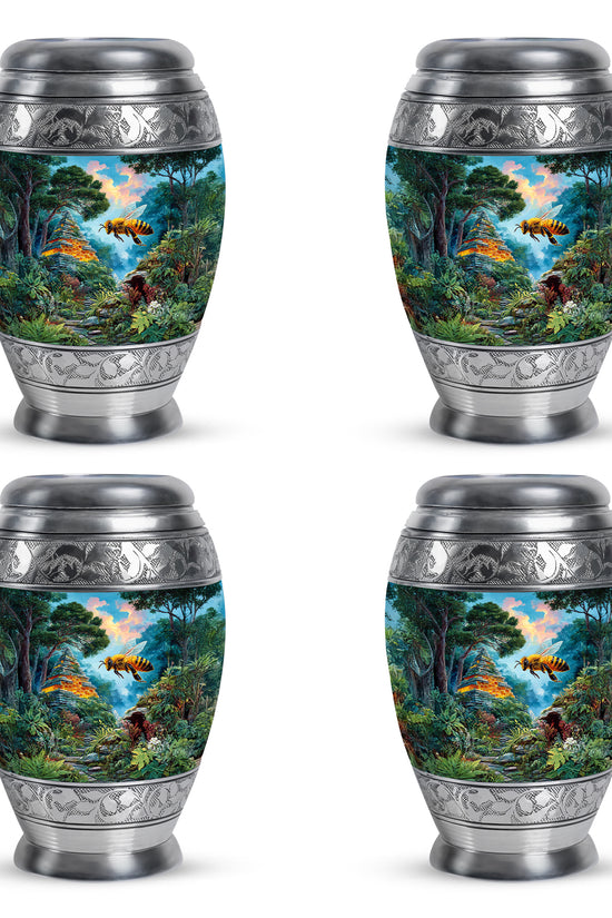 Soft Teal Bee Cremation Urn urn with complimentary velvet bag - ornate monarch-style bee relief on brushed aluminum - 10 inch aluminum urn for cremated remains