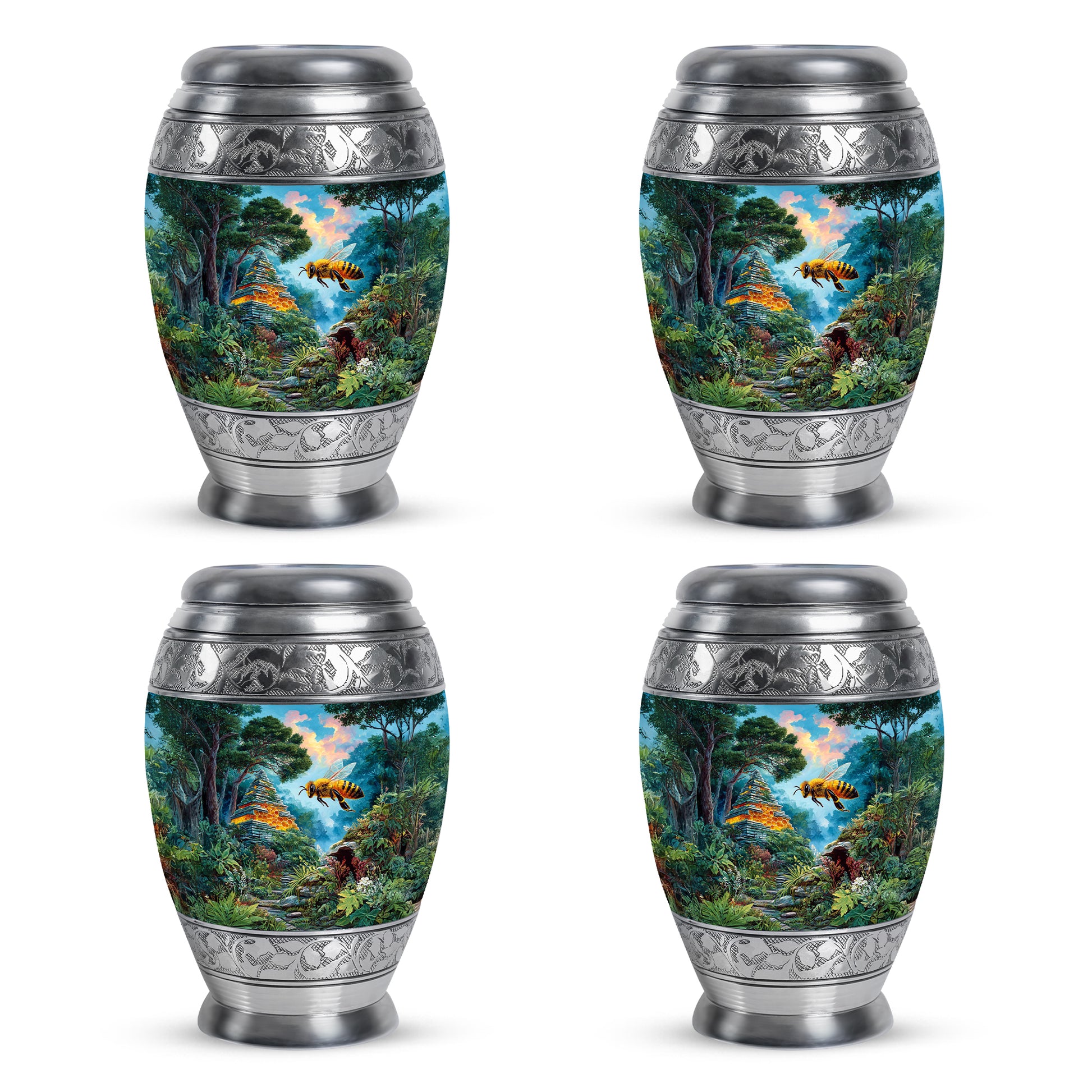 Soft Teal Bee Cremation Urn urn with complimentary velvet bag - ornate monarch-style bee relief on brushed aluminum - 10 inch aluminum urn for cremated remains