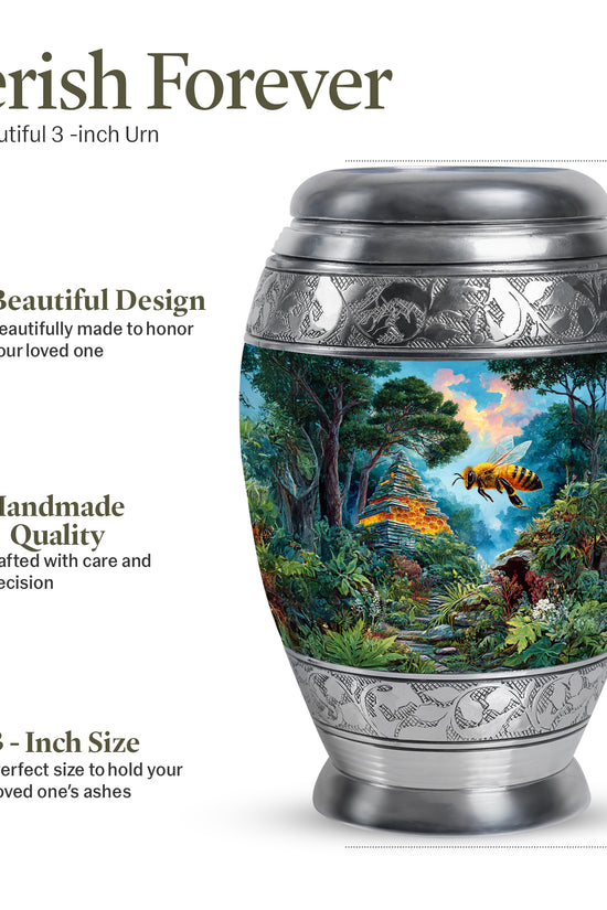 Soft Teal Bee Cremation Urn lifestyle display on memorial shelf - ornate monarch-style bee relief on brushed aluminum - mini keepsake memorial for portion of cremation ashes