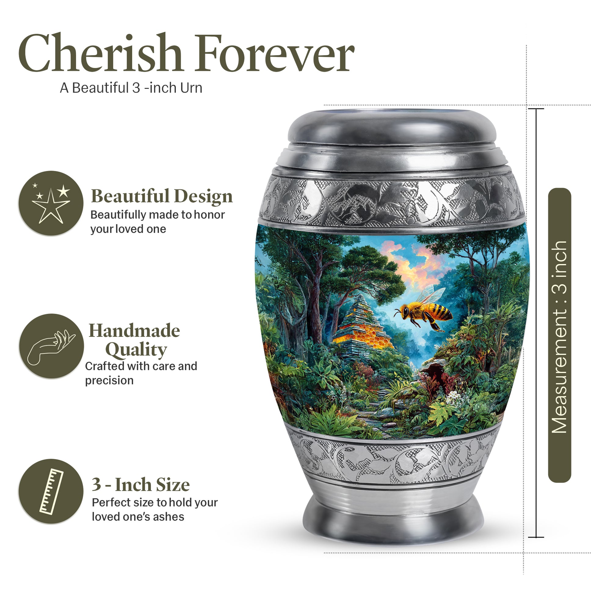 Soft Teal Bee Cremation Urn lifestyle display on memorial shelf - ornate monarch-style bee relief on brushed aluminum - mini keepsake memorial for portion of cremation ashes