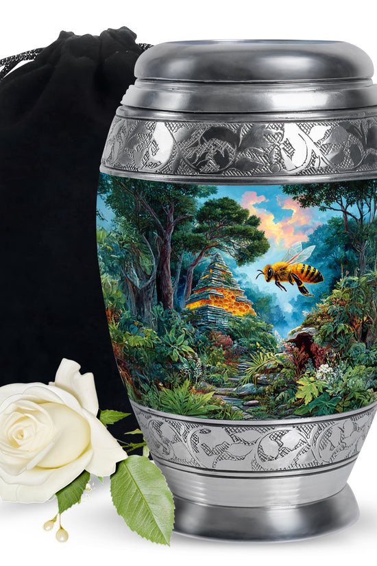 Jewel Teal Bee Cremation Urn back view with polished surface - ornate monarch-style bee relief on brushed aluminum - full-size 10 inch 200 cubic inch adult cremation urn
