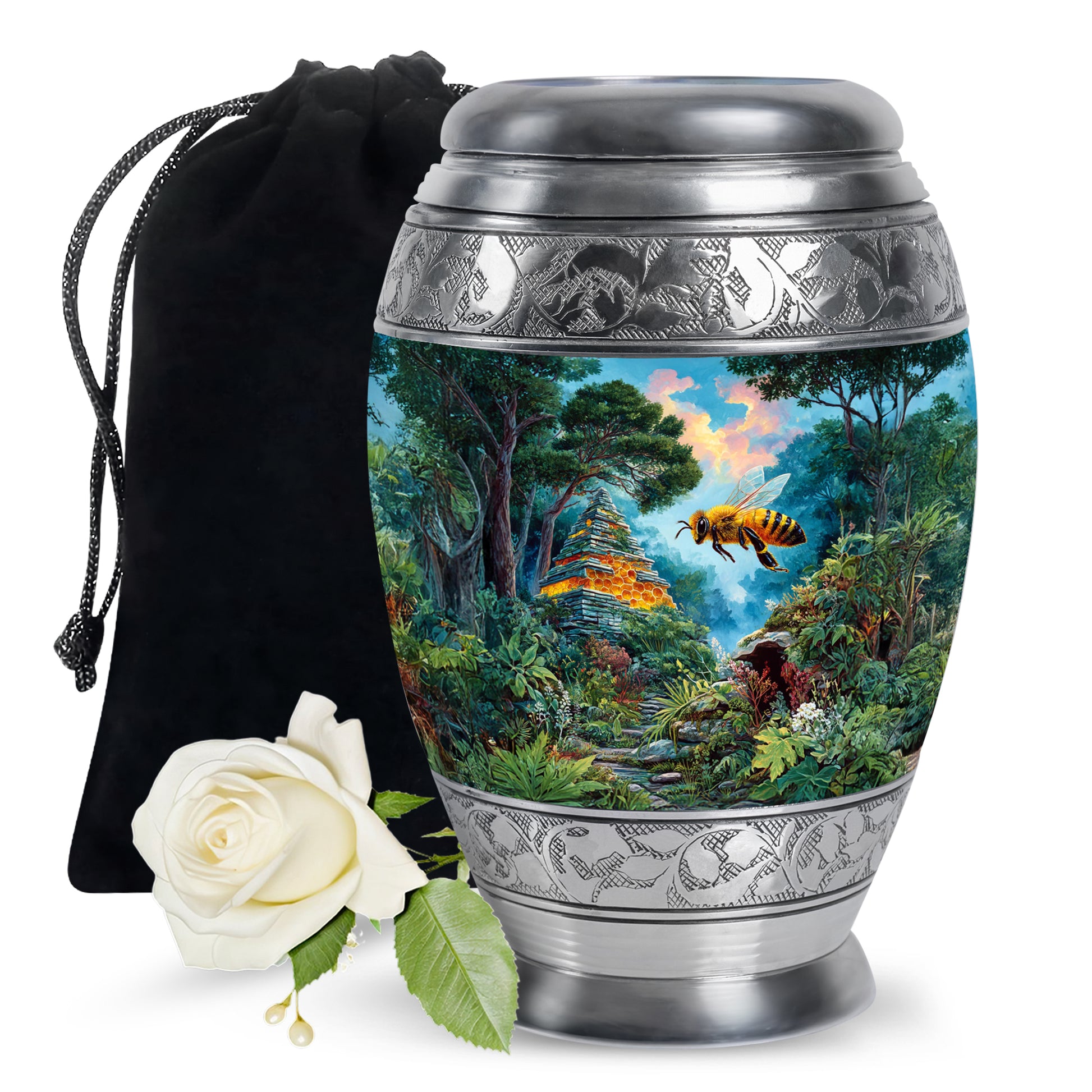 Jewel Teal Bee Cremation Urn back view with polished surface - ornate monarch-style bee relief on brushed aluminum - full-size 10 inch 200 cubic inch adult cremation urn